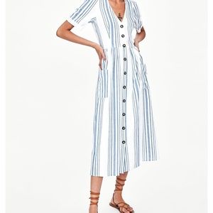 Zara striped linen button front midi dress,large